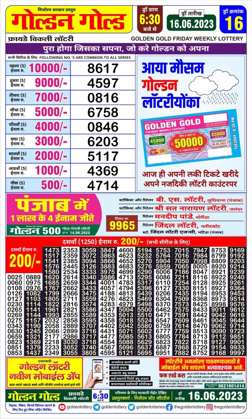 Lottery Result Today June 16, 2023