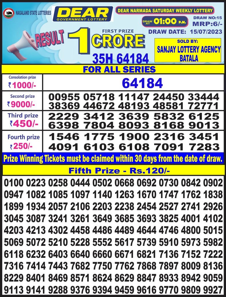 Lottery Result Today July 15, 2023