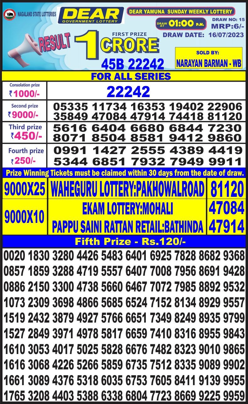 Lottery Result Today July 16, 2023