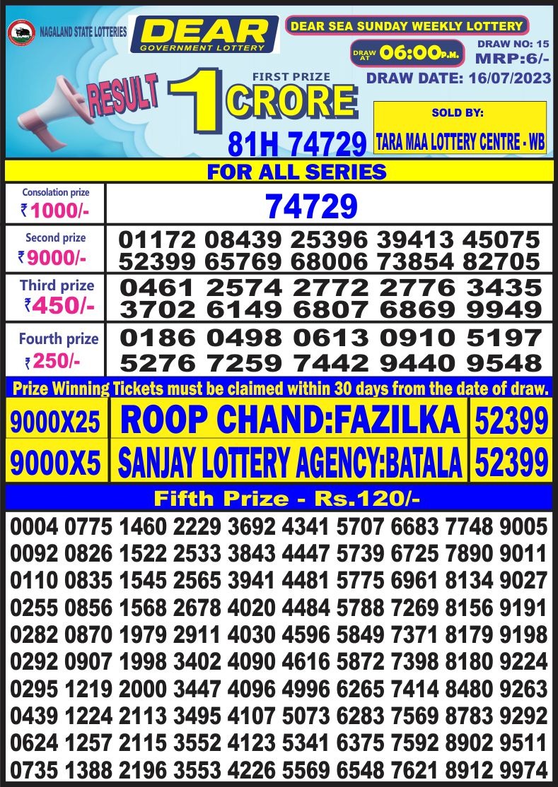 Lottery Result Today July 16, 2023