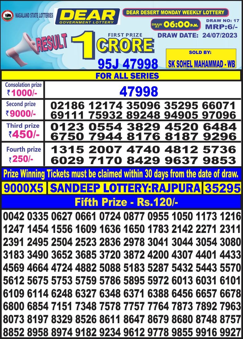 Lottery Result Today July 24, 2023