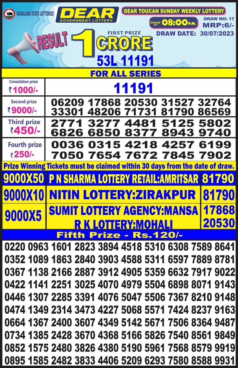 Lottery Result Today July 30, 2023