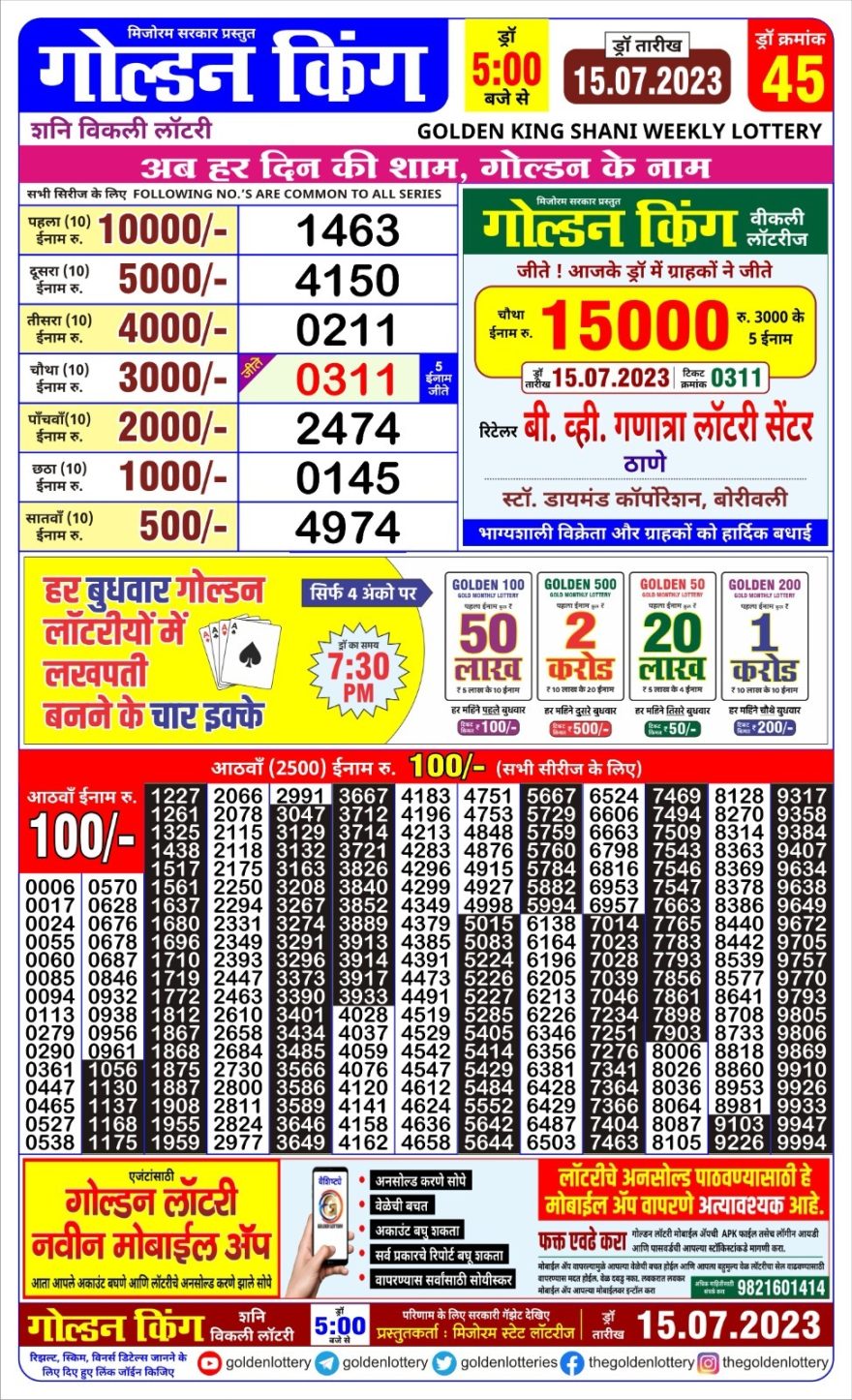 Lottery Result Today July 15, 2023