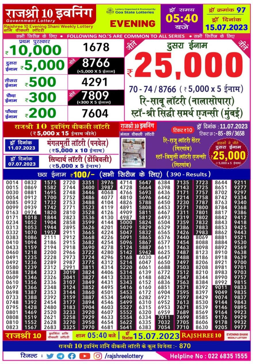 Lottery Result Today July 15, 2023