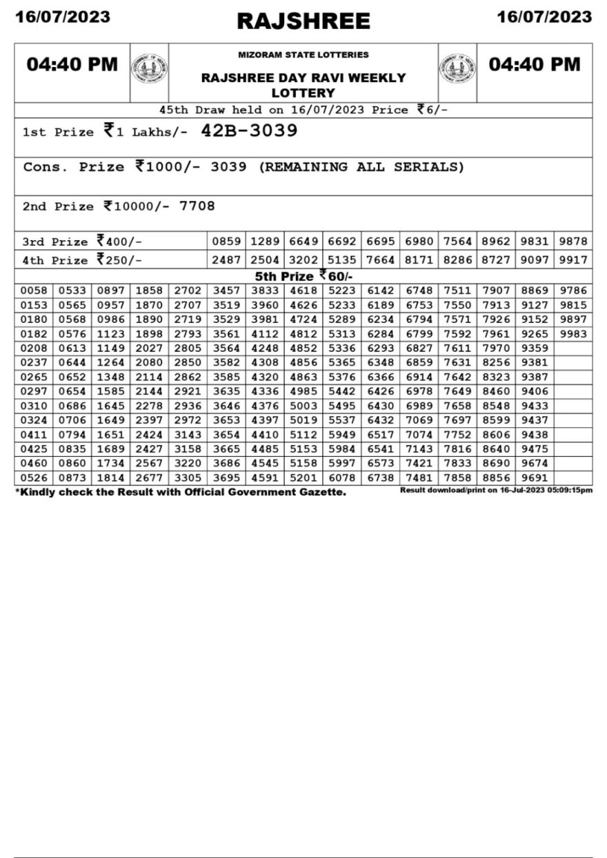 Lottery Result Today July 16, 2023