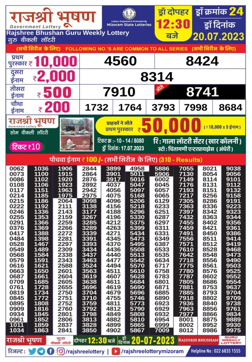 Lottery Result Today July 20, 2023