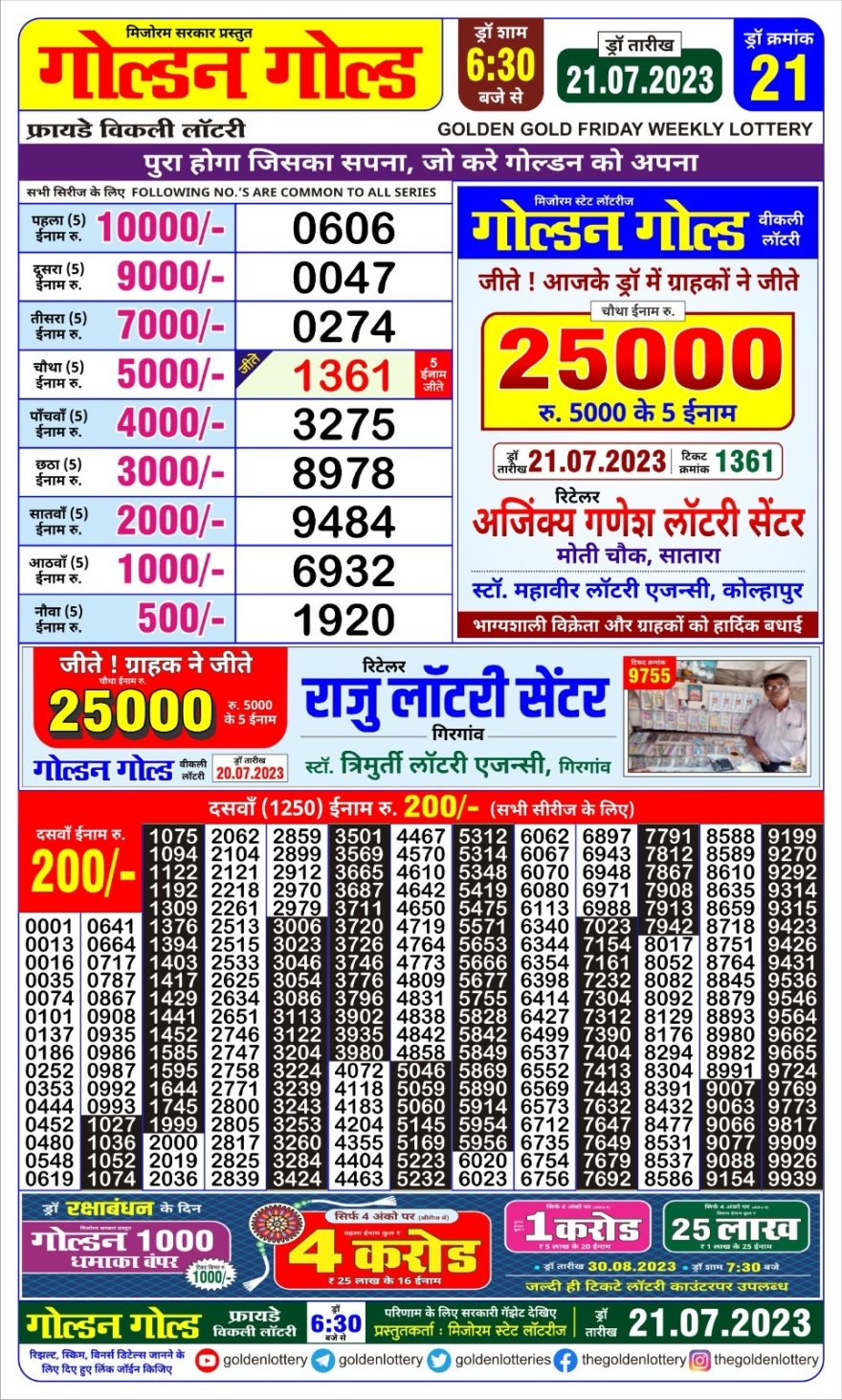 Lottery Result Today July 21, 2023