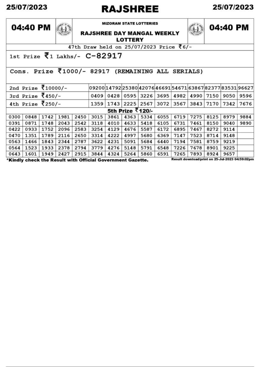 Lottery Result Today July 25, 2023