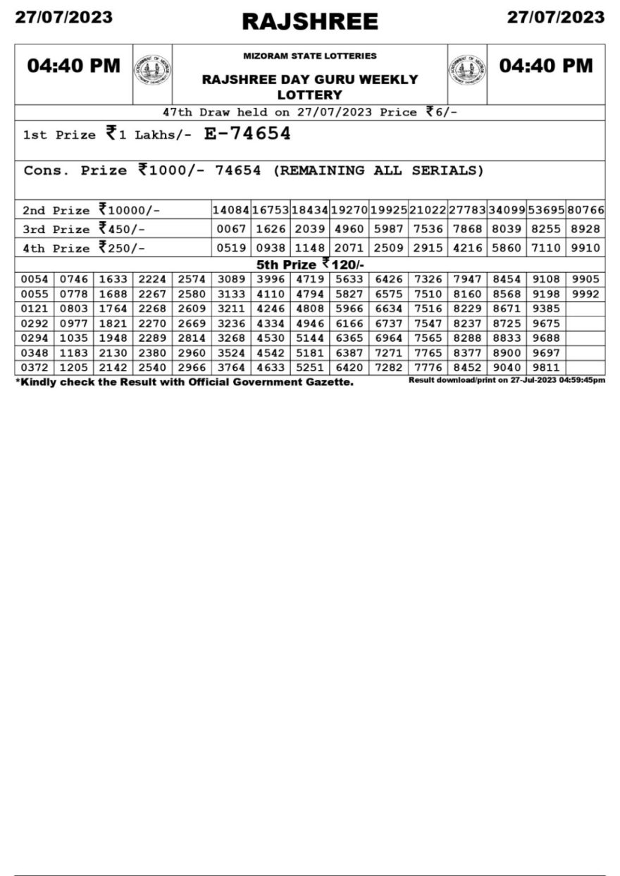 Lottery Result Today July 27, 2023