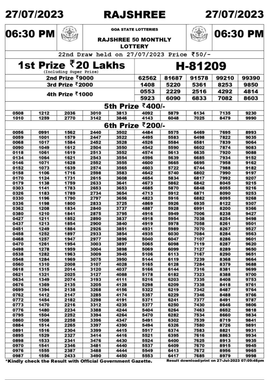 Lottery Result Today July 27, 2023