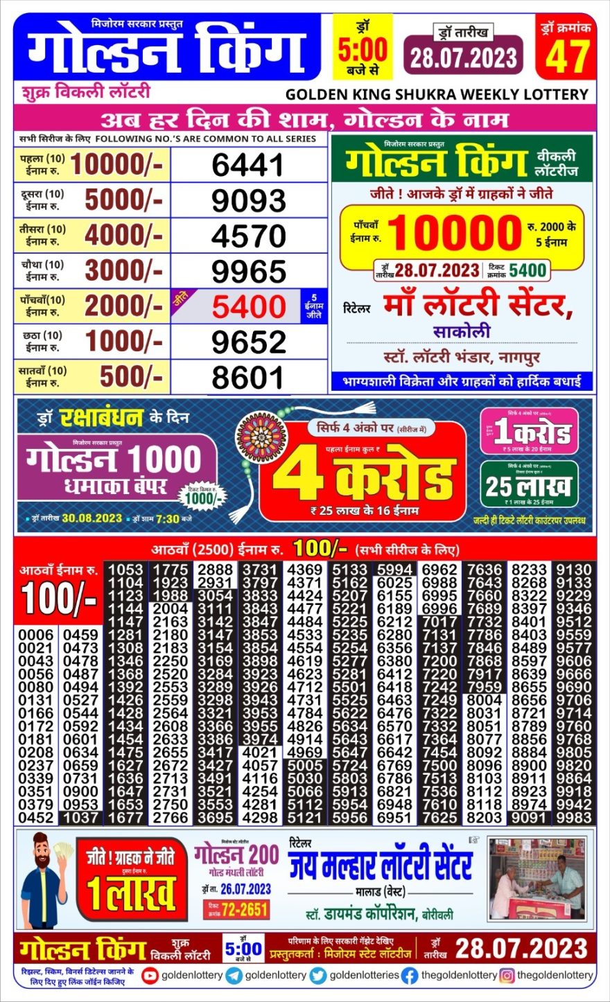 Lottery Result Today July 28, 2023