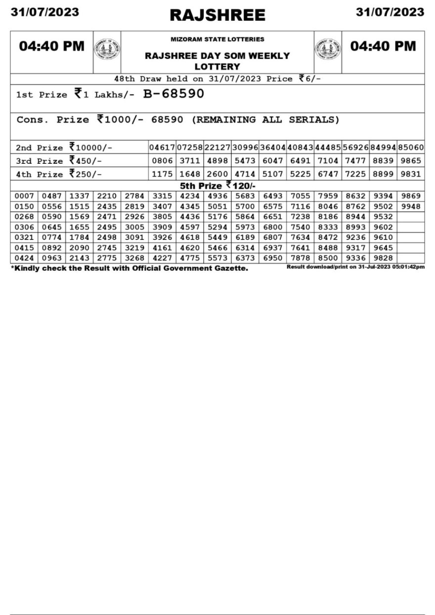 Lottery Result Today July 31, 2023