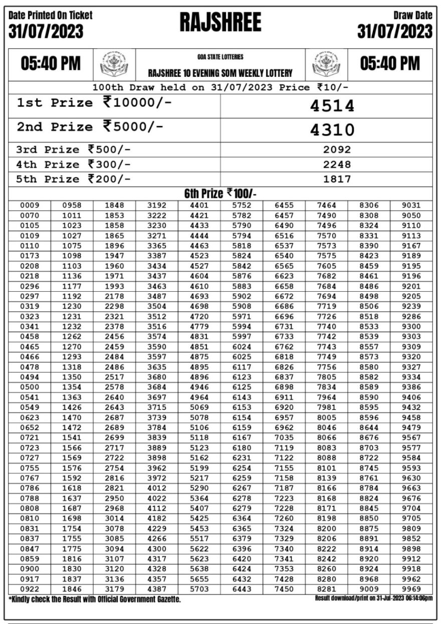 Lottery Result Today July 31, 2023