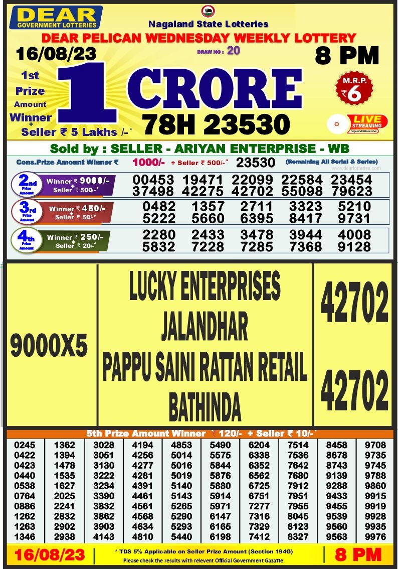 Lottery Result Today August 16, 2023