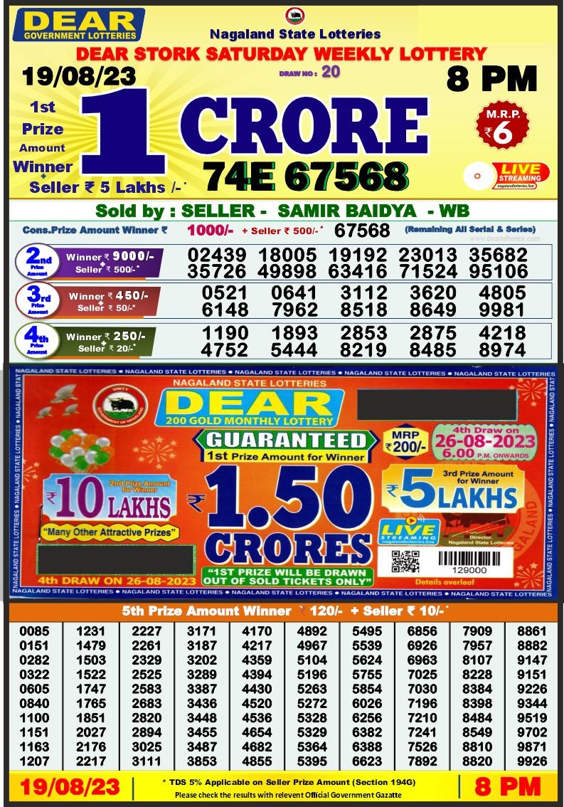 Lottery Result Today August 19, 2023