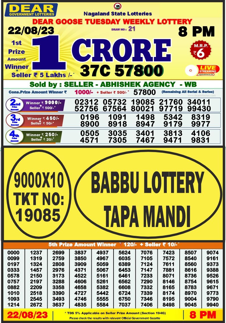 Lottery Result Today August 22, 2023