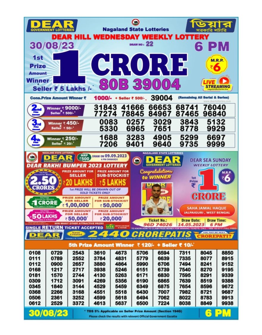 Lottery Result Today August 30, 2023