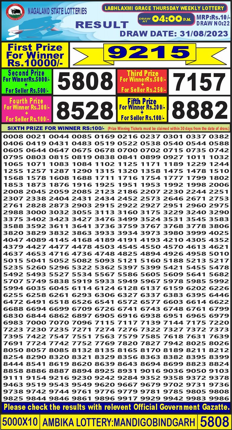 Lottery Result Today August 31, 2023