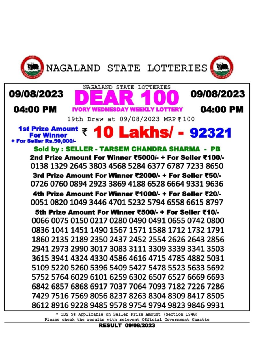 Lottery Result Today August 9, 2023