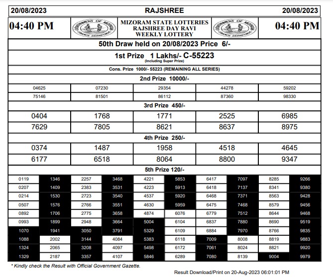 Lottery Result Today August 20, 2023