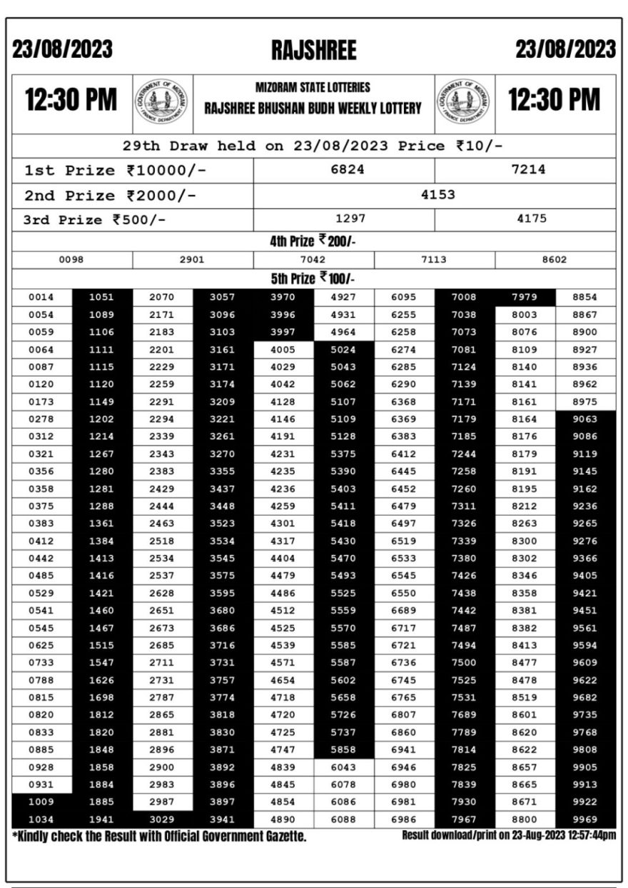 Lottery Result Today August 23, 2023