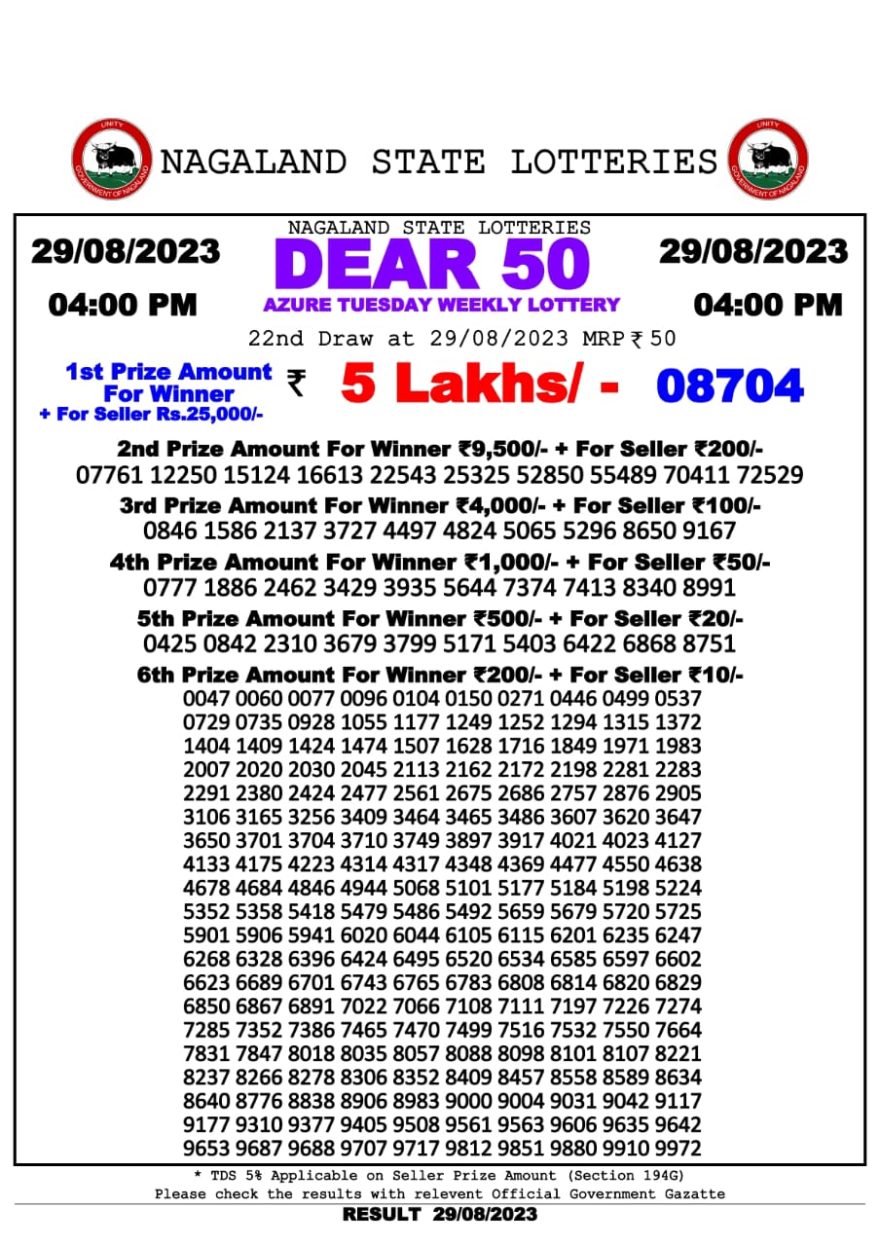 Lottery Result Today August 29, 2023