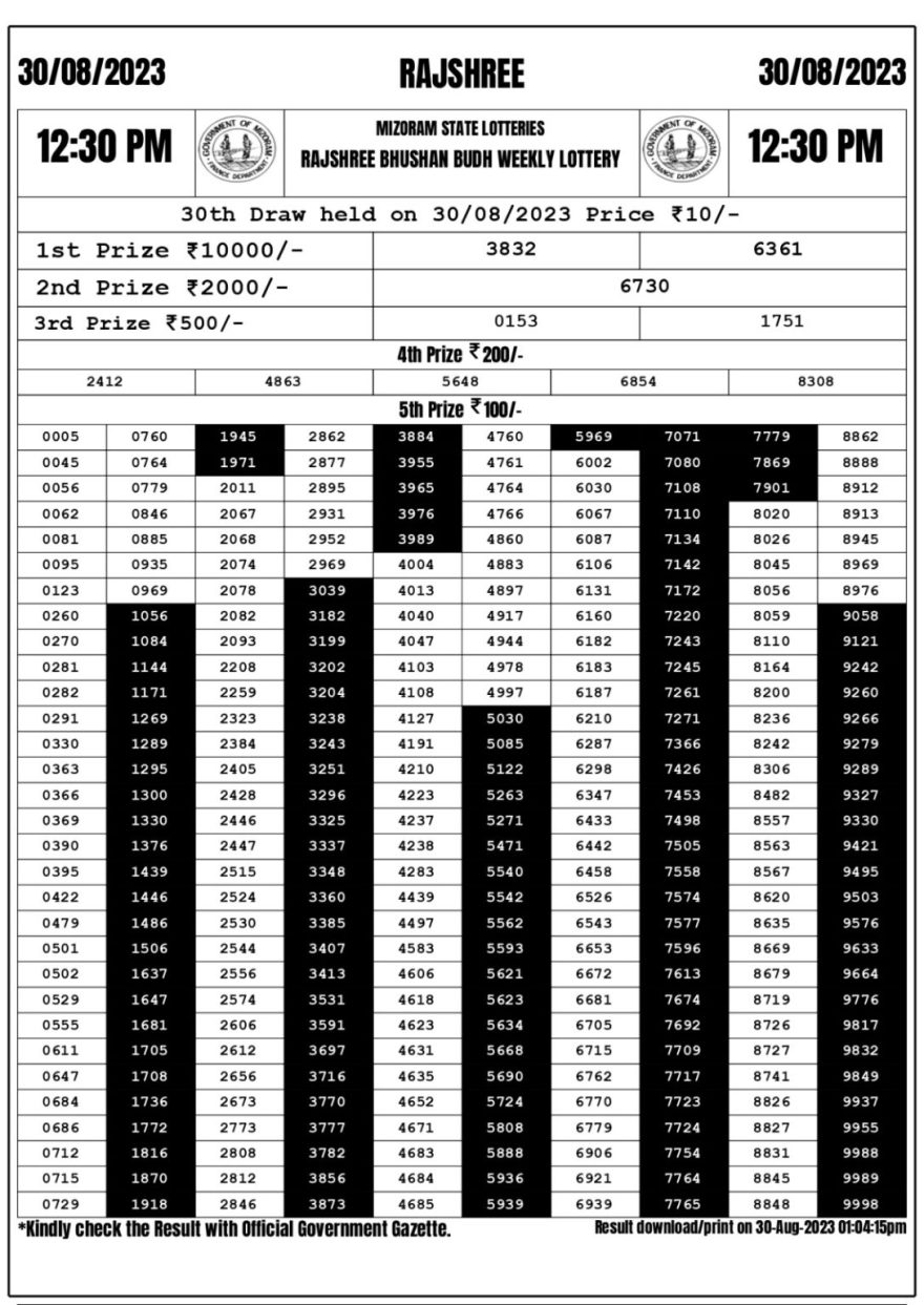 Lottery Result Today August 30, 2023