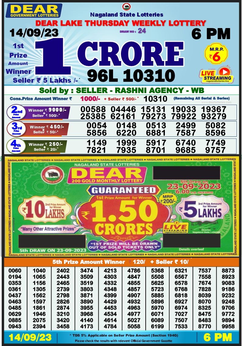 Lottery Result Today September 14, 2023