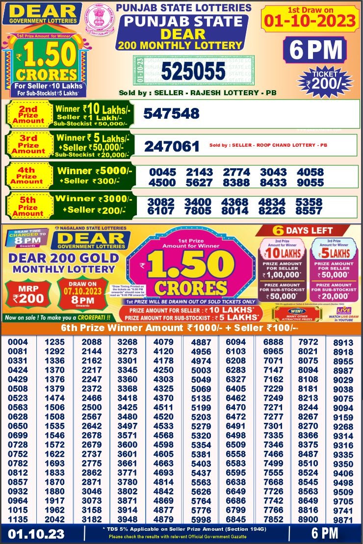 Lottery Result Today October 1, 2023