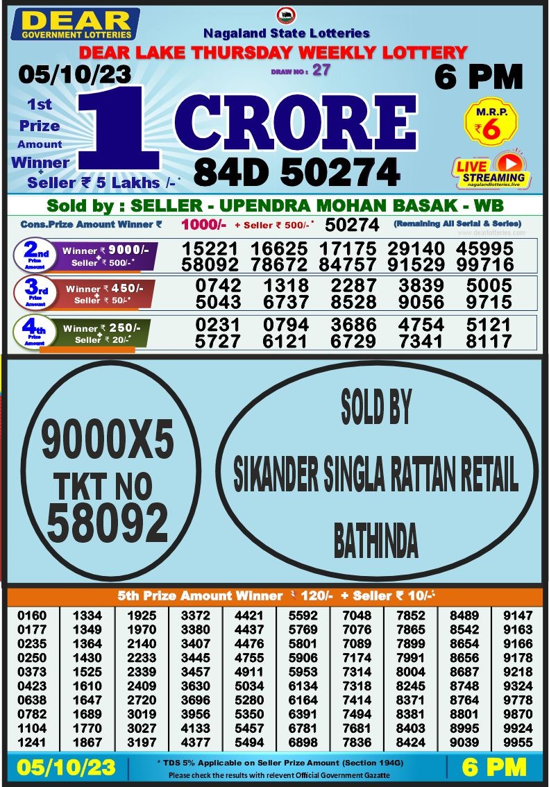 Lottery Result Today October 5, 2023