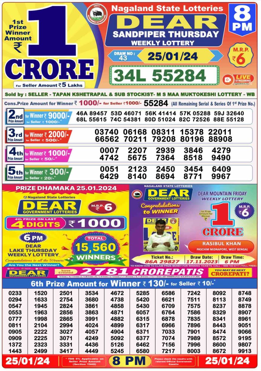 Lottery Result Today January 25, 2024