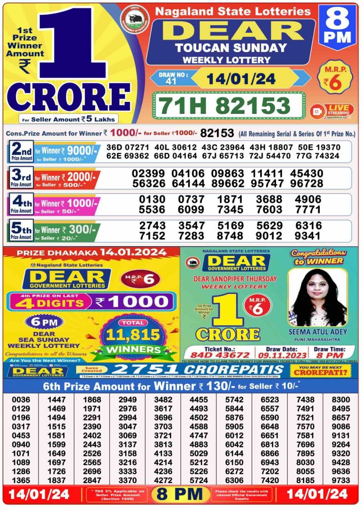 Lottery Result Today January 14, 2024