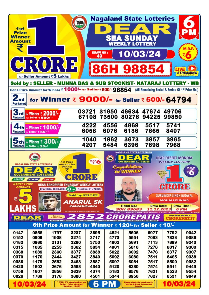 Lottery Result Today March 10, 2024