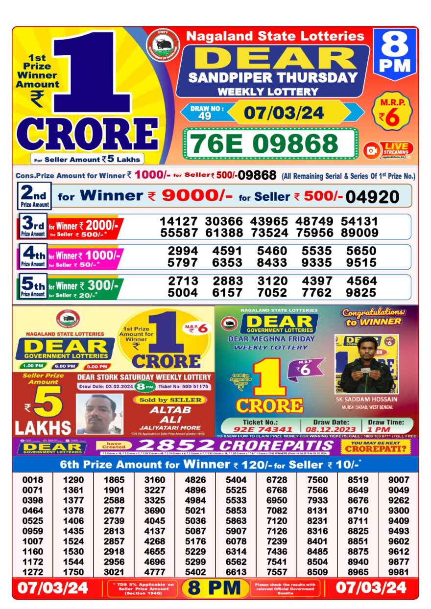 Lottery Result Today March 7, 2024