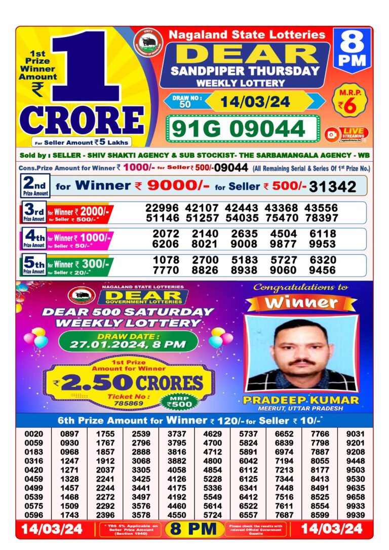 Dear lottery 8 PM Results 14.03.2024 All State Lottery Result