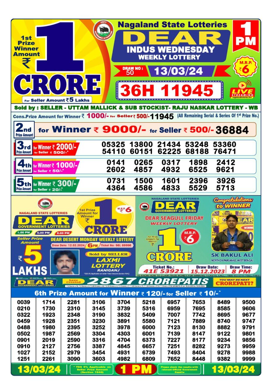 Lottery Result Today March 13, 2024