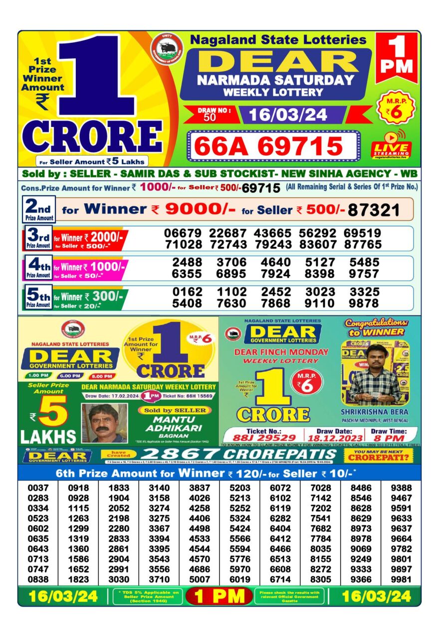 Lottery Result Today March 16, 2024