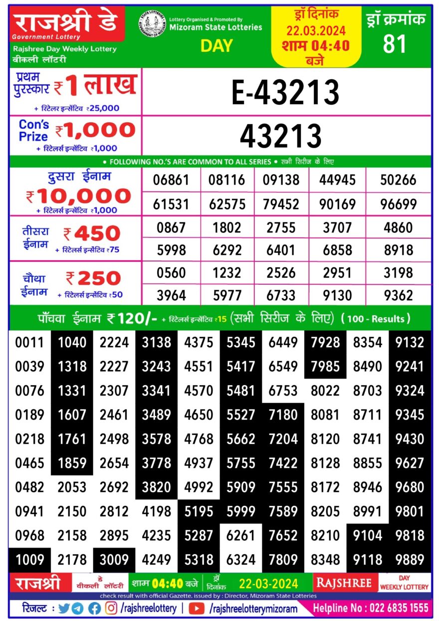 Lottery Result Today March 22, 2024