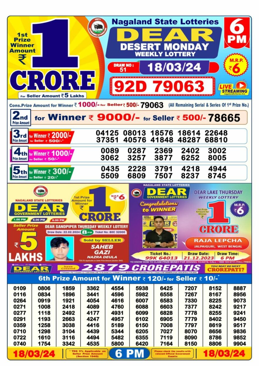 Lottery Result Today March 18, 2024