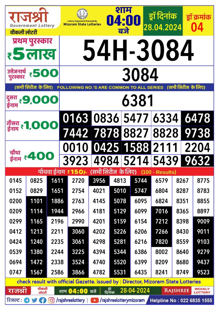 Lottery Result Today April 28, 2024