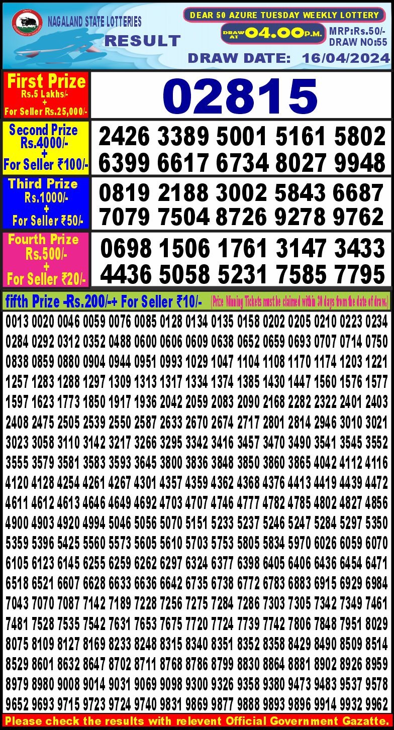 Lottery Result Today April 16, 2024