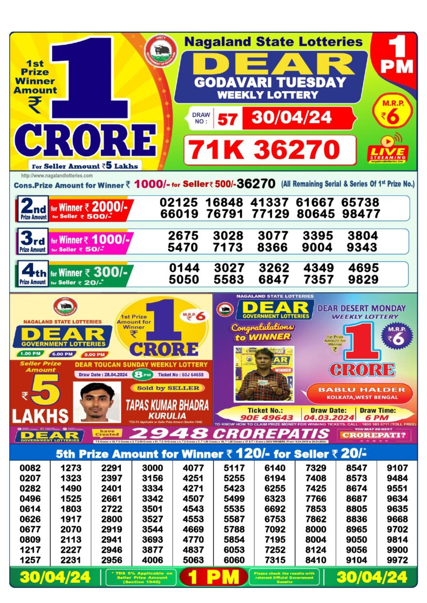 Lottery Result Today April 30, 2024