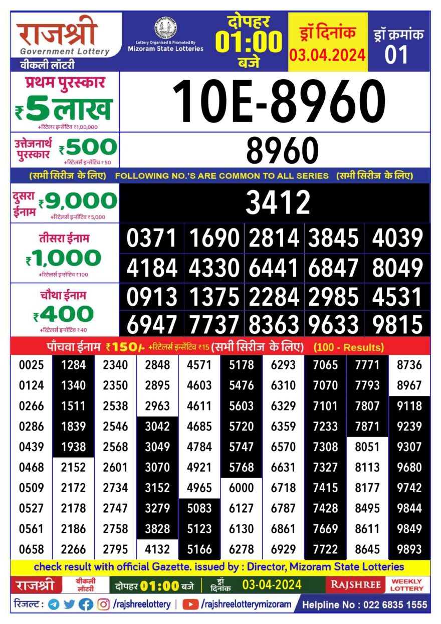 Lottery Result Today April 3, 2024