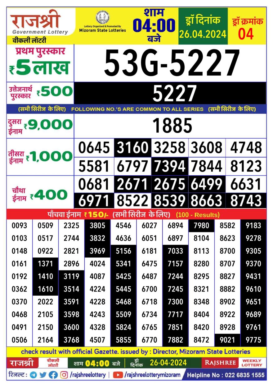 Lottery Result Today April 26, 2024