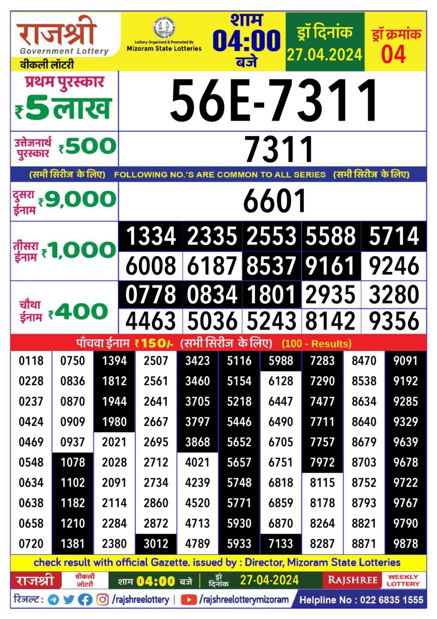 Lottery Result Today April 27, 2024