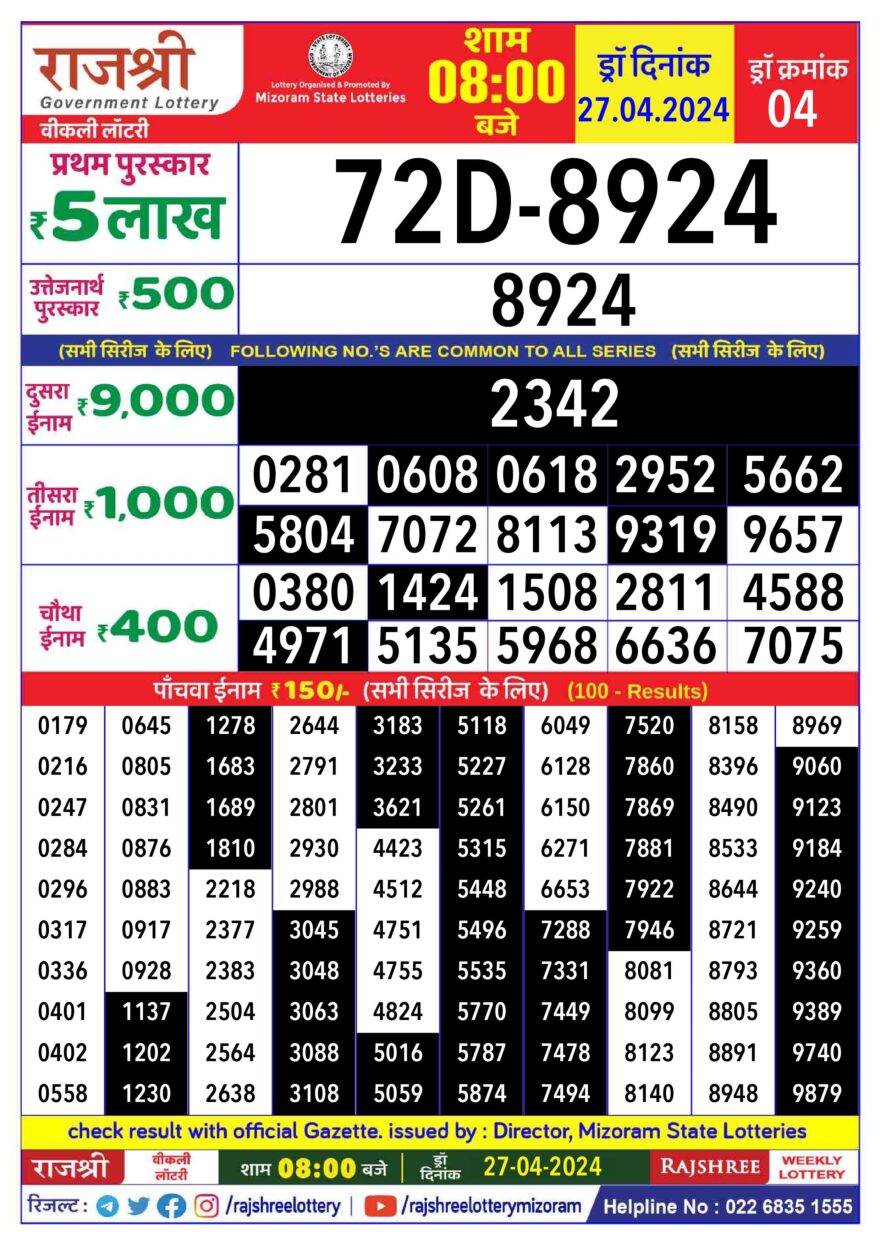 Lottery Result Today April 27, 2024