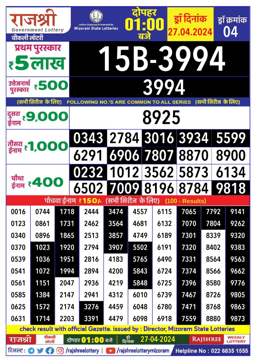 Lottery Result Today April 27, 2024