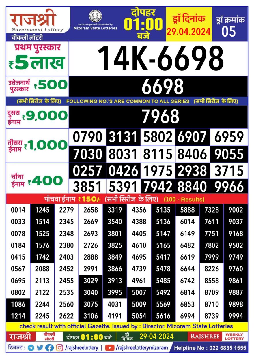 Lottery Result Today April 29, 2024