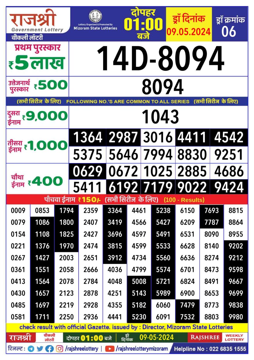 Lottery Result Today May 9, 2024