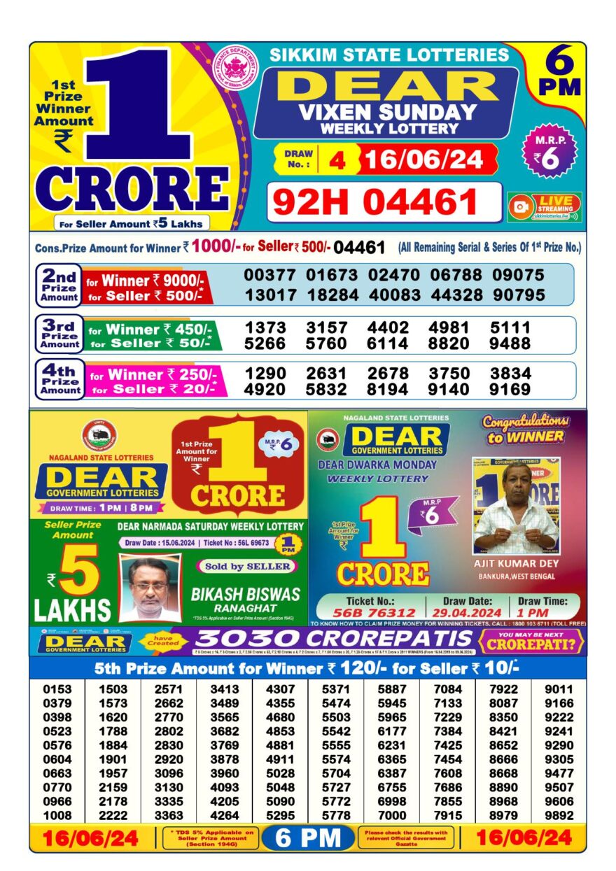 Lottery Result Today June 16, 2024